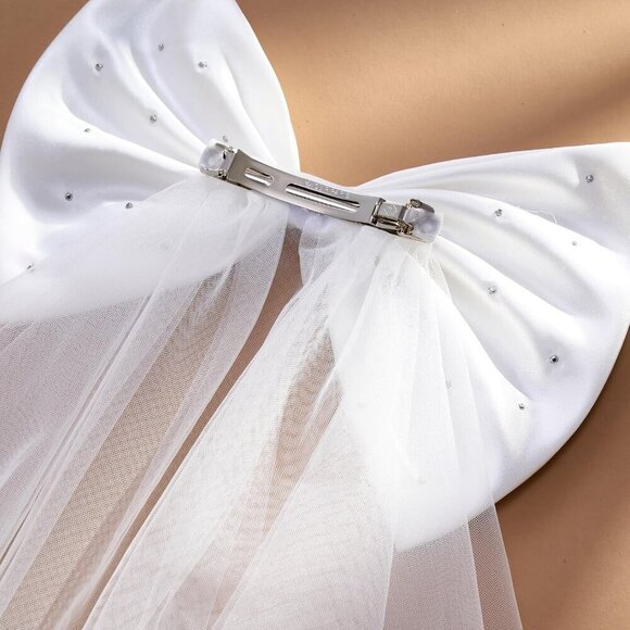Bridal Hair Bow Veil White Satin Pearl Clip for Wedding Bridal Shower main image 9